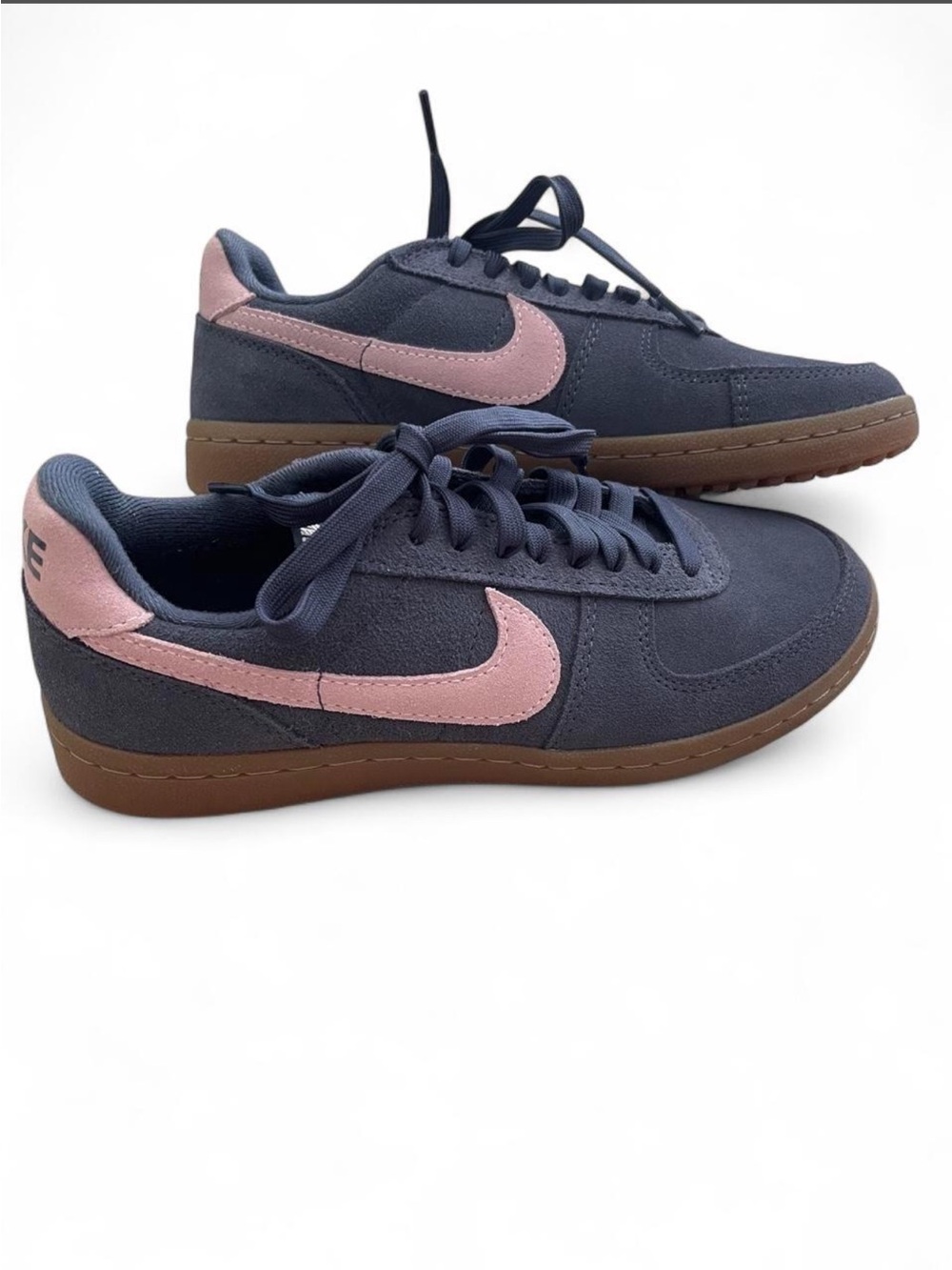 Nike Women's Navy Suede Sneakers with Pink Swoosh and Gum Sole